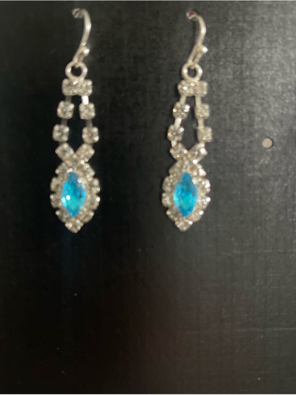 Blue Crystal Drop Dangle Earrings - Silver Tone
